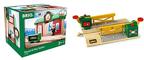 BRIO World 33578 Sprechender Bahnhof Eisenbahn Zubehör mit Aufnahmefunktion – Kleinkinderspielzeug empfohlen ab 3 Jahren & Bahn 33750 - Magnetische Kreuzung