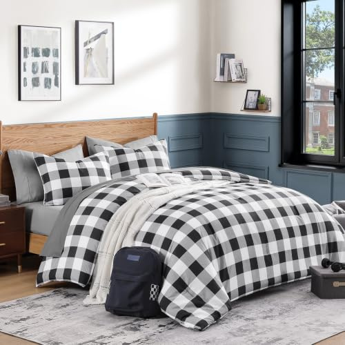 Andency Steppdecken-Set in Schwarz Grau Weiß kariert volle Größe (200 x 228 cm), 3-teilig (1 Gingham-Steppdecke und 2 Kissenbezüge), Sommer-Bettwäsche-Set, leichte Mikrofaser, Büffelkaro, Alternative