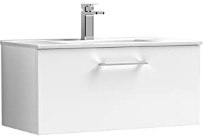 nuie ARN125B Arno Modern Bathroom Wall Hung 1 Drawer Vanity Unit with Minimalist Ceramic Basin, 800mm, Gloss White