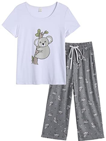 MyFav Summer Pyjamas Women 3/4 Length Trouser Sleepwear Cute Short Sleeve Soft Loungewear Pjs Set Koala M