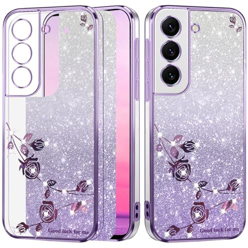 Yarxiawin Custodia per Samsung Galaxy S22 5G Silicone Morbido Rosa Effetto Glitter per Samsung S22 Cover Trasparente Sottile Fiore Protezione Antiurto Case Brillantini (Viola)