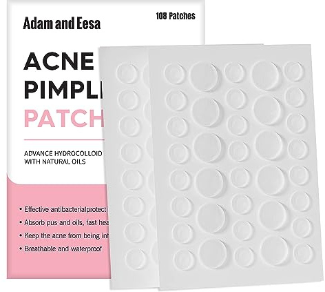 adam & eesa® Acne Patches – (Pack of 108) Dots for Hydrocolloid Spot Treatment - Face & Body Vegan Cruelty Free Skin Care Stickers, Fast-Acting Pimple Patches, Instant Blackhead Removal (8mm & 12mm)
