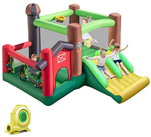 COSTWAY Kids Bounce Castle, Inflatable Trampoline Bouncy House with Dual Slides, Ball Pit, Basketball Hoop and Pitching Game, Blow up Jumper for Indoor Backyard Playground (with 680W Blower)