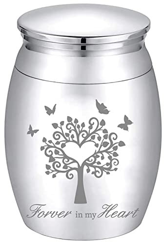 CREATCABIN Kleine Andenkenurne Mini-Urnen Baum des Lebens Schmetterling Aschehalter Miniatur-Beerdigung Beerdigung Behälter Glas Gravur Edelstahl Für Menschliches Haustier Gedenkstätte Silber 40x30mm