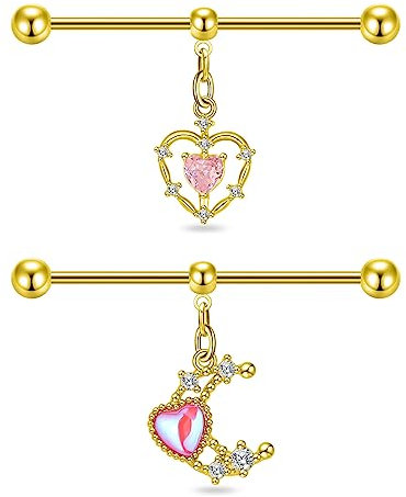 Longbeauty Dangle Industrial Piercing Bar Set mit Baumeln Kette/Edelstahl Knorpel Barbells 14 Gauge 38mm Silber/Schwarz Piercing Stabs, 2 Stk, Gold