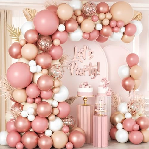 Luftballon Girlande Rosa, 133 Stück Retro Beige Weiß Ballon Girlande, Luftballons Pastell Rosa Metallic Rose Gold für Boho Geburtstag Hochzeit Baby Party Dekorationen