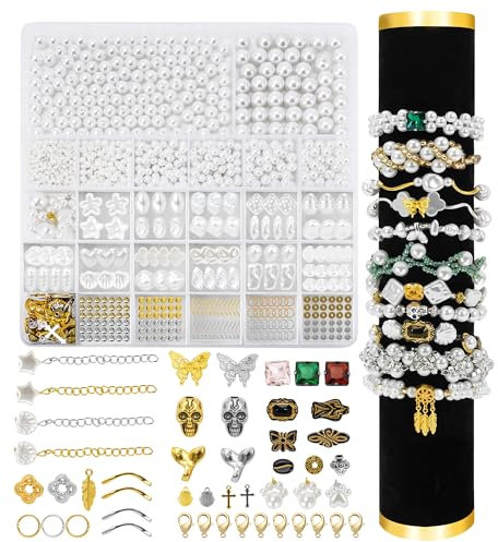 GREFIYAS Weiße Perlen set zum auffädeln,3/4/5/6/8/10mm Geformte Kunstperlen,Goldene und Silber ,Schmuck perlen erwachsene,armband set selber machen