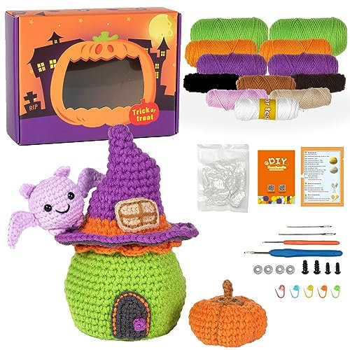Winmany Häkelset für Anfänger Halloween-Kürbis-Tiere Süßigkeitentasche Häkelset DIY-Geschenk für Anfänger Erwachsene Kinder Anleitung und Video-Tutorials (Haus Süßigkeiten Tasche)