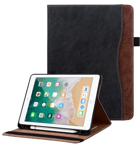 ONETHEFUL Coque pour iPad 6ème/5ème Génération 9.7 2018/2017 Tablette Housse de Protection Étui Porte-Stylo Support Multi Angles avec Auto Schlaf/Aufwach en Cuir PU pour iPad Air 1/2 Noir