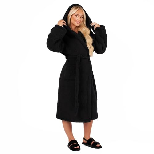 OHS Womens Dressing Gowns Teddy Fleece, Warm Cosy Fluffy Dressing Gown Bathrobes Women Hooded Luxury Oversized Ladies Mens Dressing Gown, One Size