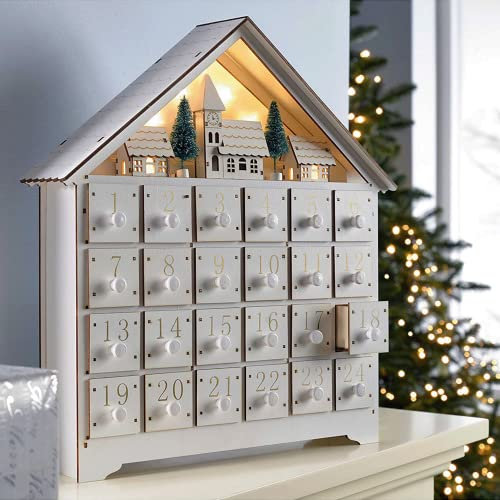 DIY Countdown Calendars with LED Lights & 24 Storage Drawers, Christmas Wooden Advent Calendar White House with Village/Forest Nativity Scene Holiday Decoration (Battery Required)