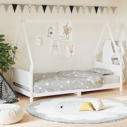 Gecheer Kinderbett Hausbett mit Schubladen Bettenhaus Bett Kinderhaus Weiß 90x200 cm Massivholz Kiefer