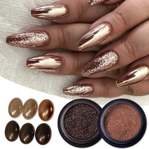 Fokostar 2 Stück Apfel Gold Braun Pulver Chrom Nagel Kaffee Schwarz Metallic Spiegeleffekt Pailletten für Gelnägel für Acryl-Lack Pulver Dekoration für Acrylnägel