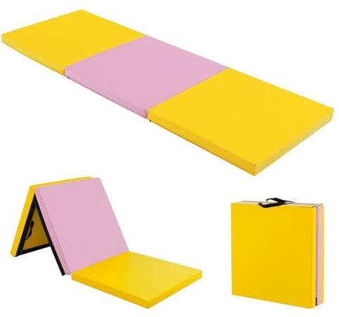KOMFOTTEU Gymnastikmatte faltbar, Weichbodenmatte 180x60x5cm Fitnessmatte, Turnmatte dick mit Tragegurt, 3-Fach Yogamatte Sportmatte rutschfest für Yoga Fitness Training (gelb + rosa)