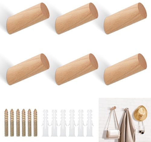 6 Stück Holz Kleiderhaken Natürliche Holz Wandhaken, Rund Holz Kleiderhaken Buche Haken 45° Haken Aufhänger für Mützen, Rucksack, Schals, Kleidung