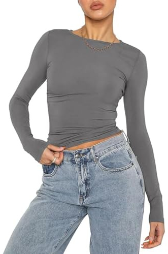 OYIGELZ Long Sleeve Shirt Women's Basic T-Shirt Crop Top Y2K Slim Fit Casual Tee Tops(Grey-d,L)