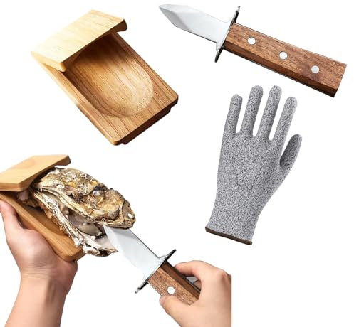 LOVEJO Oyster Shucking Set - Stainless Steel Knife, Wood Clamp Holder, and Cut-Resistant Glove for Seafood Preparation - Protective Tool for Opening Clams and Raw Oysters