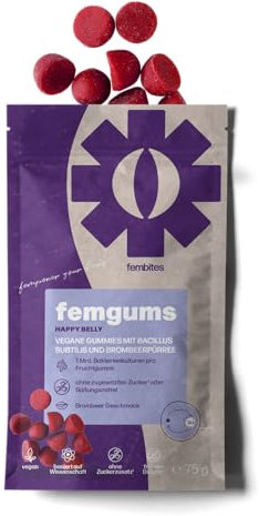 fembites femgums Happy Belly - Fruchtgummis aus Fruchtpüree - Mit Bakterienkulturen für die Darmflora - Ohne Zuckerzusatz - Laborgeprüft - 30 Gummis