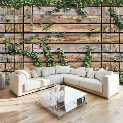 Papier Peint Intissé 3D Plantes Vertes À Grain De Bois Rétro Décoration Murale Moderne, Pour Chambre Enfants, Salon & Bureau350 X 256 Cm
