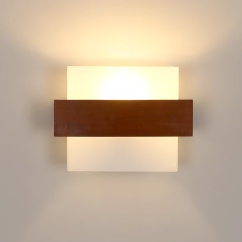 DELIPOP Holz Wandleuchte Innen - Vintage E27 Wandlampe Innen mit Glas Lampenschirm, Auf und Ab Beleuchtung Moderne Wandbeleuchtung für Wohnzimmer Schlafzimmer Flur Treppen