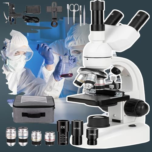 Microscopio Trinoculare Composto Da Laboratorio Professionale 40x-5000x, Tavolino Meccanico+Messa A Fuoco Ultraprecisa+Oculare Elettronico+Adattatore Telefonico,White