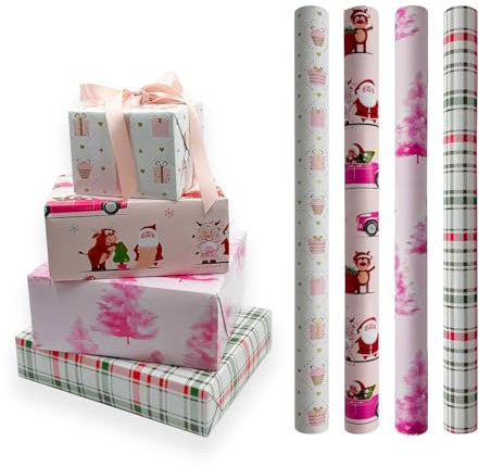 Rouleaux de papier cadeau rose, 4 rouleaux de 43 cm x 3 mètres, convient pour Noël, anniversaire, fête, mariage, baby shower, décorations de cadeaux de festival