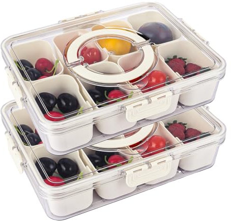 LDXDRU 2 Pack Divided Snackle Box with 8 Compartments, Snack Serving Tray with Lid & Handle, Portable Snack Box Food Storage Container for Appetizers Candies Desserts Fruits