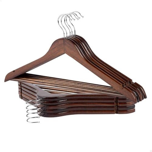 AKTIVE MAX Home Pack 10 Perchas de Madera, Color marrón, Calidad A, 44,5x23 cm, Gancho Acero Giratorio 360º, Incorpora Muescas y Barra Inferior, para Pantalones, Trajes, Camisas, Chaquetas (16462)