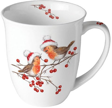 Ambiente Porzellan Tasse ca. 400ml Becher Bone China Mug Für Tee Oder Kaffee Herbst Winter Weihnachten Christmas Christmas robins white