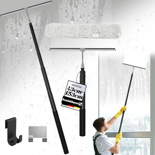 Ausziehbarer Duschabzieher Langer Stiel 43-153cm - Abzieher Dusche Schwarz mit Edelstahl Teleskopstange - Duschkabinenabzieher Duschwischer Fensterputzer mit Haken - Wasserabzieher für Badezimmer