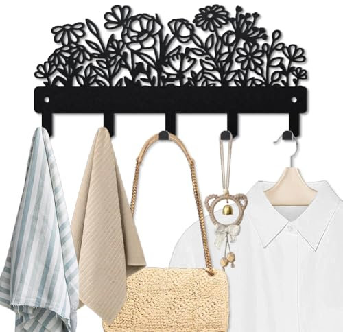 MAYJOYDIY Porte Clef Mural en Métal pour Plantes Mauvaises Herbes Fixation Murale 25×12cm Fleurs Naturelles Rustiques Art Porte Clés avec 5 crochets Pour Entrée, Porte D'entrée, Couloir, Cuisine