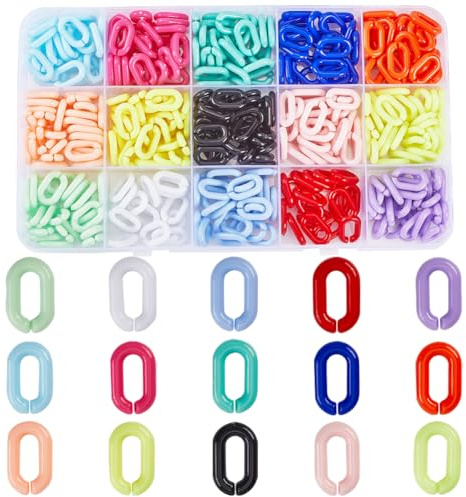 SOFPLATE 420 Stück 15 Farben Acryl Verbindungsringe Bunt Verbindungsringe Schmuck Regenbogen Bunt Oval Kabel Bordstein Offen Clip Haken Schnellverbinder Für Schmuckherstellung Halsketten Ketten