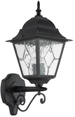 Happy Homewares Traditional Matte Black Cast Aluminium Outdoor Lantern Wall Light Fitting with Clear Cathedral Glass | 1 x 11w | 40cm x 20cm x 26cm