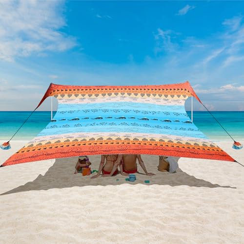 Strandzelt, Sonnensegel Strand UPF 50+, Tragbares 3×3 m Camping Strandmuschel Sonnenschutz Strand mit Sandsäcken, Stangen, Heringen & Windseilen für Draußen, Garten, Picknick, Sport, Angeln