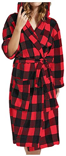 Accappatoio da donna in pile con cappuccio leggero caldo peluche lungo flanella da notte accappatoio in pile con cappuccio peluche lungo accappatoio Vestaglia Noi Di Notte (Red, XL)