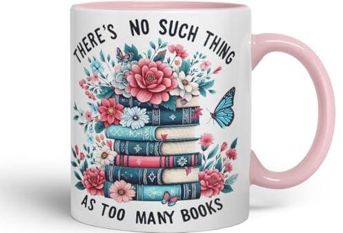 Vixar There's No Such Thing As Too Many Books Coloured Ceramic Mug Cup Gift, 11oz (Pink)