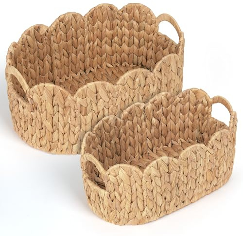 iEGrow Scalloped Wicker Basket, Set of 2 Hand-Woven Natural Rattan Baskets with Built-in Handles, Water Hyacinth Storage Oval Cute Baby Baskets for Nursery, Organizing, Decor and Shelves