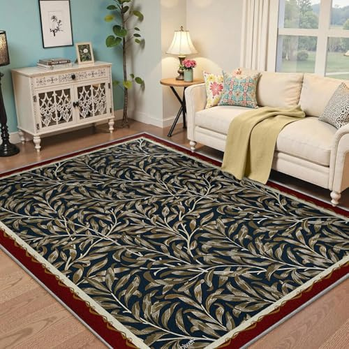 BYLEEHOMED Dunkler großer Bauernhof-Teppich 200x300 cm Vintage-Mid-Century-Blumenblätter Blätter bedruckter Bodenteppich für Schlafzimmer Wohnzimmer Ästhetische Dekoration