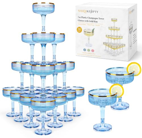 30 Pack Plastic Champagne Tower Glasses 5oz Blue Champagne Coupe Glasses Disposable Martini Glasses with Gold Rim Stackable Champagne Flutes Cocktail for Wedding Anniversary Birthday Party