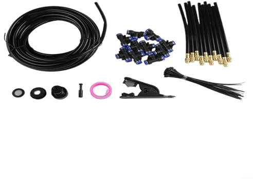 Momfin Sistema de aspersor de nebulización de jardín, boquilla ajustable de 360°, kit de riego automático con conectores, bridas para cables, para césped, patio, invernadero, refrigeración negra (15 m