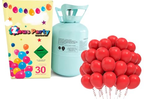 Zeus Party Elio per palloncini - Kit Bombola gas elio per il gonfiaggio di 30 palloncini INCLUSI per feste e party di ogni genere - circa 0,29 metri cubi di elio PURO (Rosso)