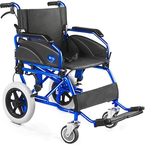 AIESI® Rollstuhl Faltbar superleicht für den Transport aus Aluminium mit Bremse für Behinderte und ältere Menschen AGILA TRANSIT, Doppeltes Bremssystem, Sicherheitsgürtel, Garantie 24 Monate