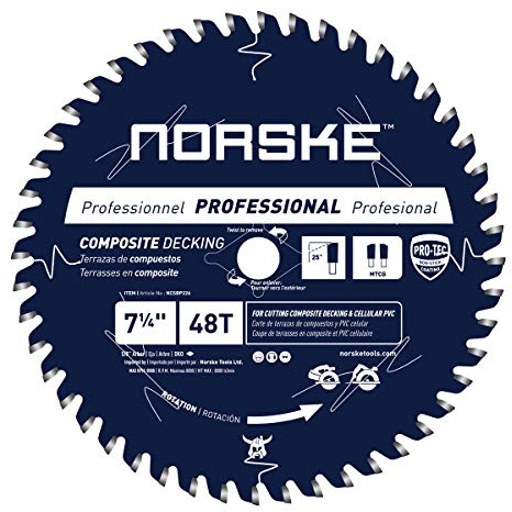 Norske Tools NCSBP226 7-1/4 inch x 48T Composite Decking (Trex) and Bamboo Decking Saw Blade 5/8 inch Bore with Diamond Knockout Japanese Steel