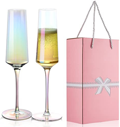 YOLIFE Schillernde Champagnerflöten, Kristall-Champagnergläser, 2er-Set, moderne Perle, langlebige Champagnerflöten, Valentinstagsgeschenke für Frauen