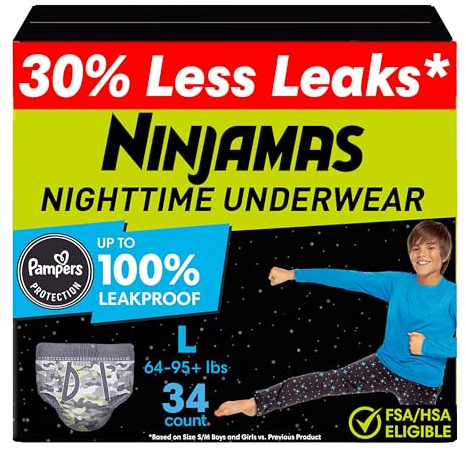 Ninjamas Boys Bedwetting Nighttime Underwear, Size L (64-95+ lbs), 34 Count, Overnight Protection, Ultra Absorbent, Hypoallergenic