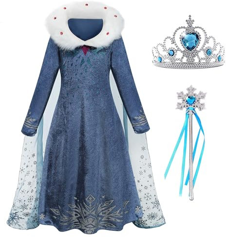 Foierp Mädchen Elsa Anna Kostüme - Kostüm mit Feenstab und Krone Tiara für Hochzeit/Party/Cosplay Winter Langarm Pelzkragen Prinzessin Klei