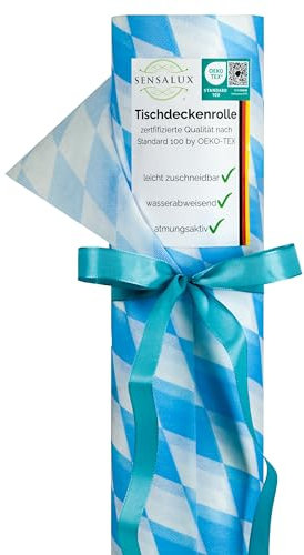 Sensalux Tischdeckenrolle, wasserabweisend, 80g/m², bis zu 45% Recyclat, Vlies-Tischwäsche, wiederverwendbar, 1,19m x 25m, Bayrische Raute (Blau-Weiß)