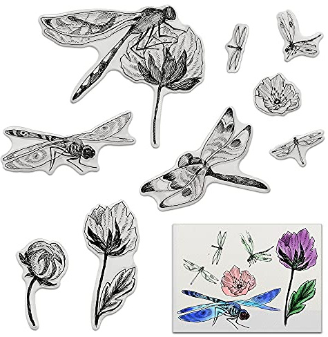 Dragonfly Clear Silicone Stamps for Card Making, Flower Lotus Clear Rubber Stamps for Card Making Decoration DIY Scrapbooking Silicone Transparent Seal Stamps Embossing Album Decor Craft