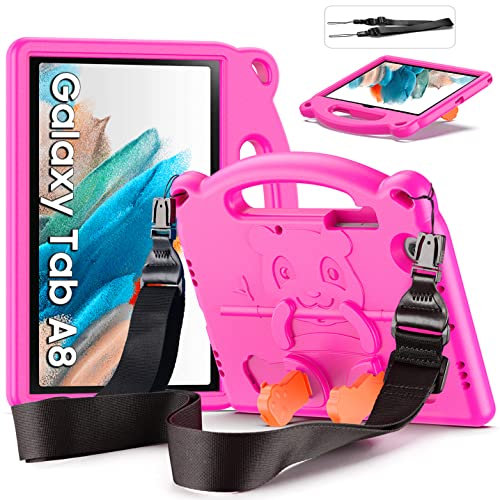 DUZZONA Kinder Hülle für Samsung Galaxy Tab A8 10,5 Zoll 2022/2021 (SM-X200/X205/X207), Eva Leicht Stoßfest Tab A8 Case mit Kinder Griff und Schultergurt, Magenta
