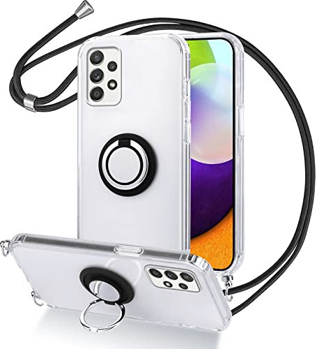 Vauki Coque pour Samsung Galaxy A52/A52s 5G avec Cordon de Collier,Case Rigide en Acrylique Transparent Silicone TPU avec Bague 360 Degrés Rotation Stand Souple avec Antichoc Bumper pour Galaxy A52 4G